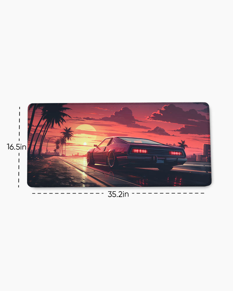 Arafed Car Driving Road With Palm Trees Desk Mat