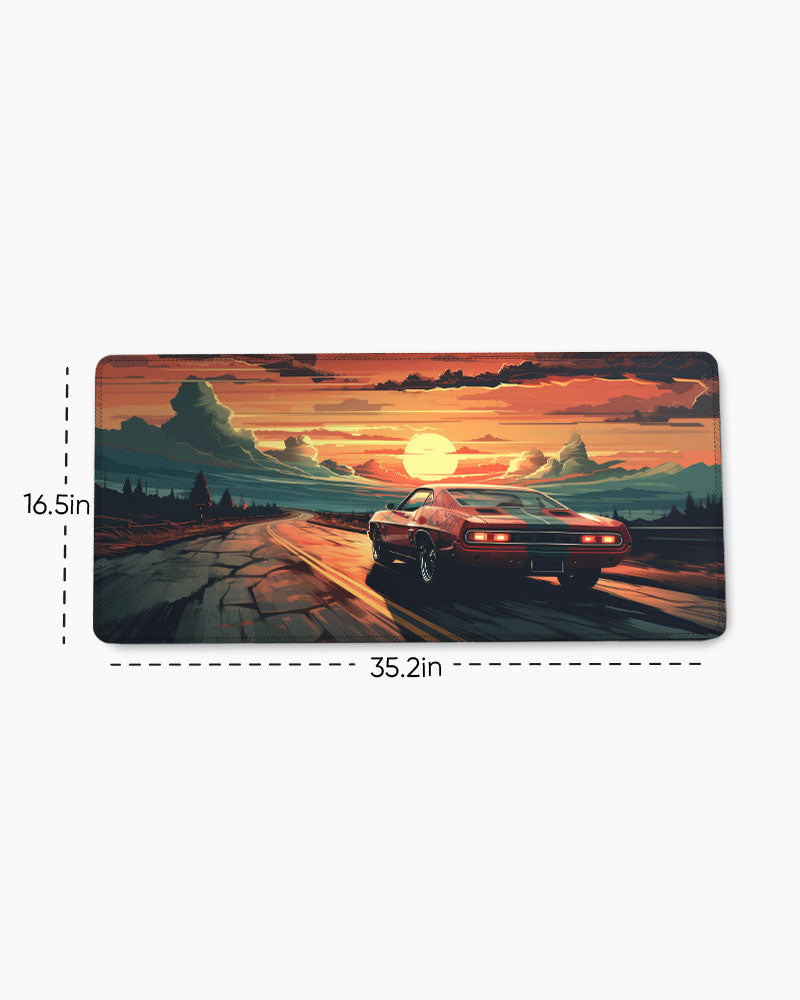 Race Car Racing Down Track Into Sunset Desk Mat
