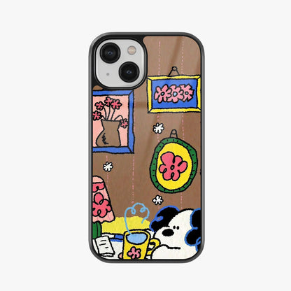 Doodle Dog & Flower Frame Abstract Glass Case