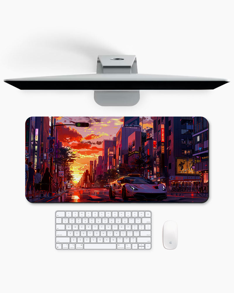 Anime car in the city Desk Mat