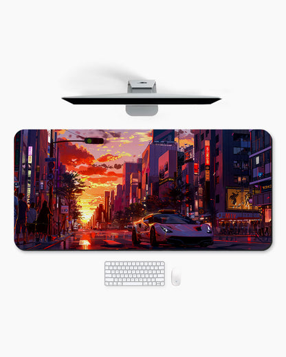 Anime car in the city Desk Mat