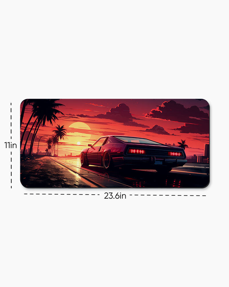 Arafed Car Driving Road With Palm Trees Desk Mat