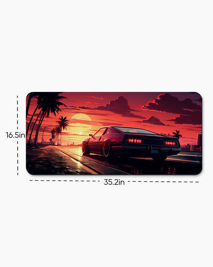 Arafed Car Driving Road With Palm Trees Desk Mat