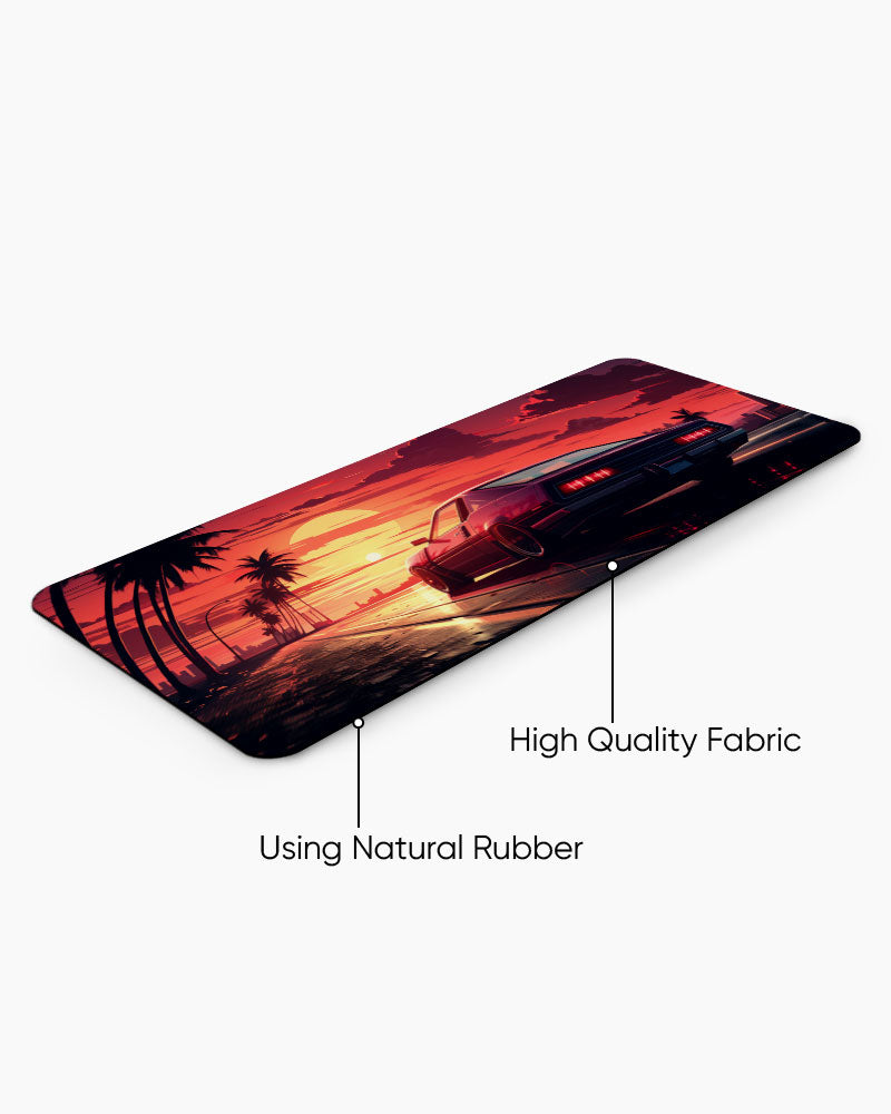 Arafed Car Driving Road With Palm Trees Desk Mat