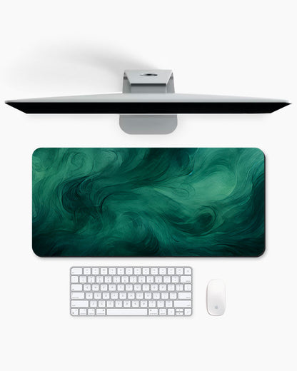 Dark Green Watercolor Texture with Black Swirls Desk Mat