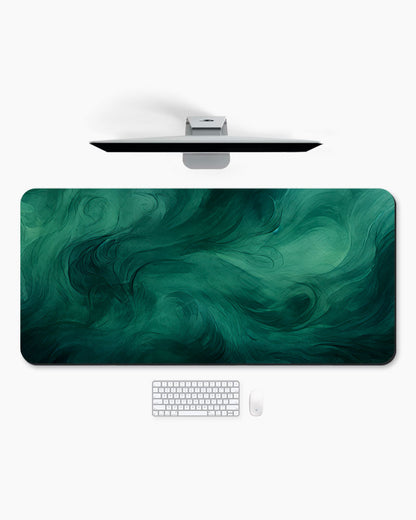 Dark Green Watercolor Texture with Black Swirls Desk Mat