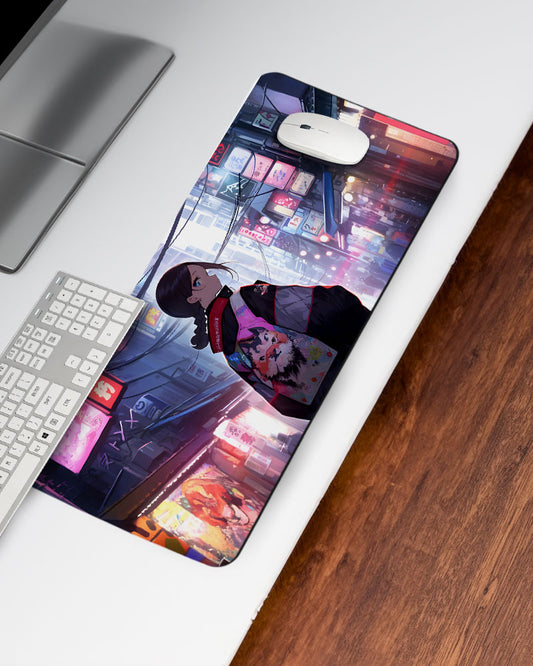 Girl With A Dog On Her Back Walks Down A Busy Street Desk Mat