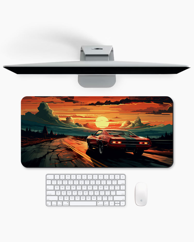 Race Car Racing Down Track Into Sunset Desk Mat