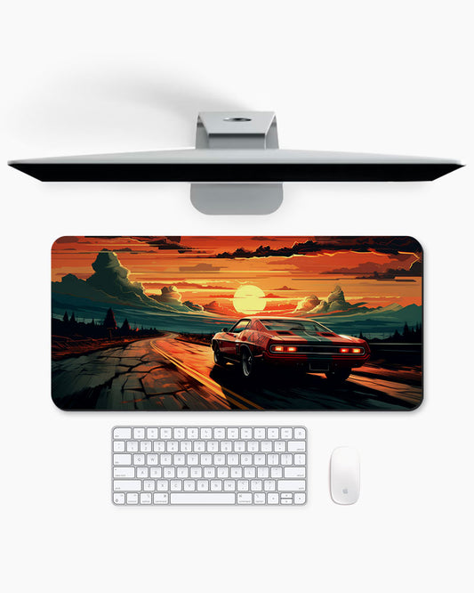 Race Car Racing Down Track Into Sunset Desk Mat