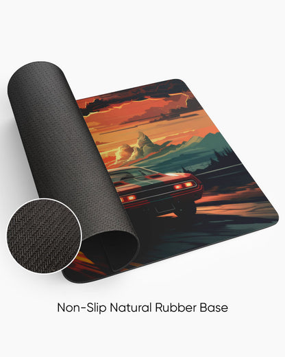 Race Car Racing Down Track Into Sunset Desk Mat