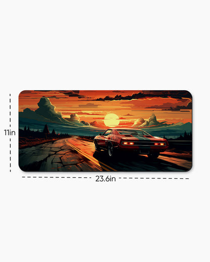 Race Car Racing Down Track Into Sunset Desk Mat