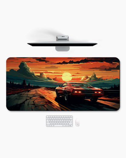 Race Car Racing Down Track Into Sunset Desk Mat