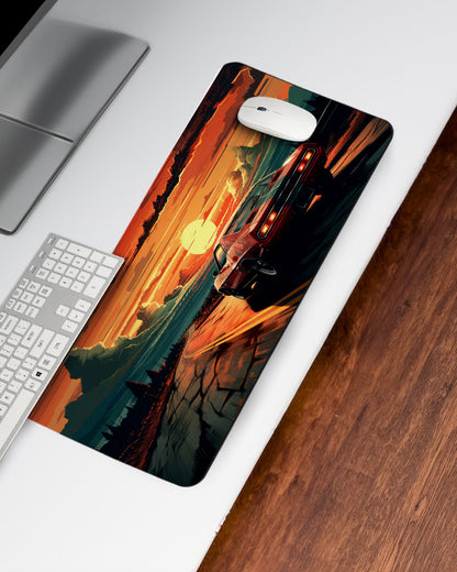 Race Car Racing Down Track Into Sunset Desk Mat