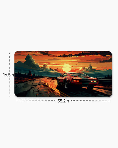 Race Car Racing Down Track Into Sunset Desk Mat
