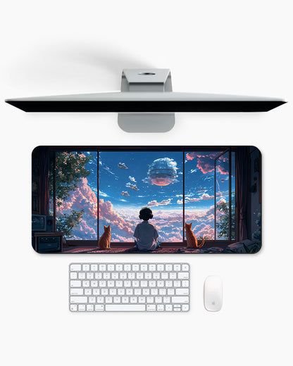 Young Boy Gazes Out At A Dreamy Cloud Filled Sky Desk Mat