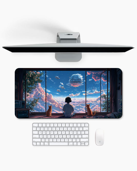 Young Boy Gazes Out At A Dreamy Cloud Filled Sky Desk Mat