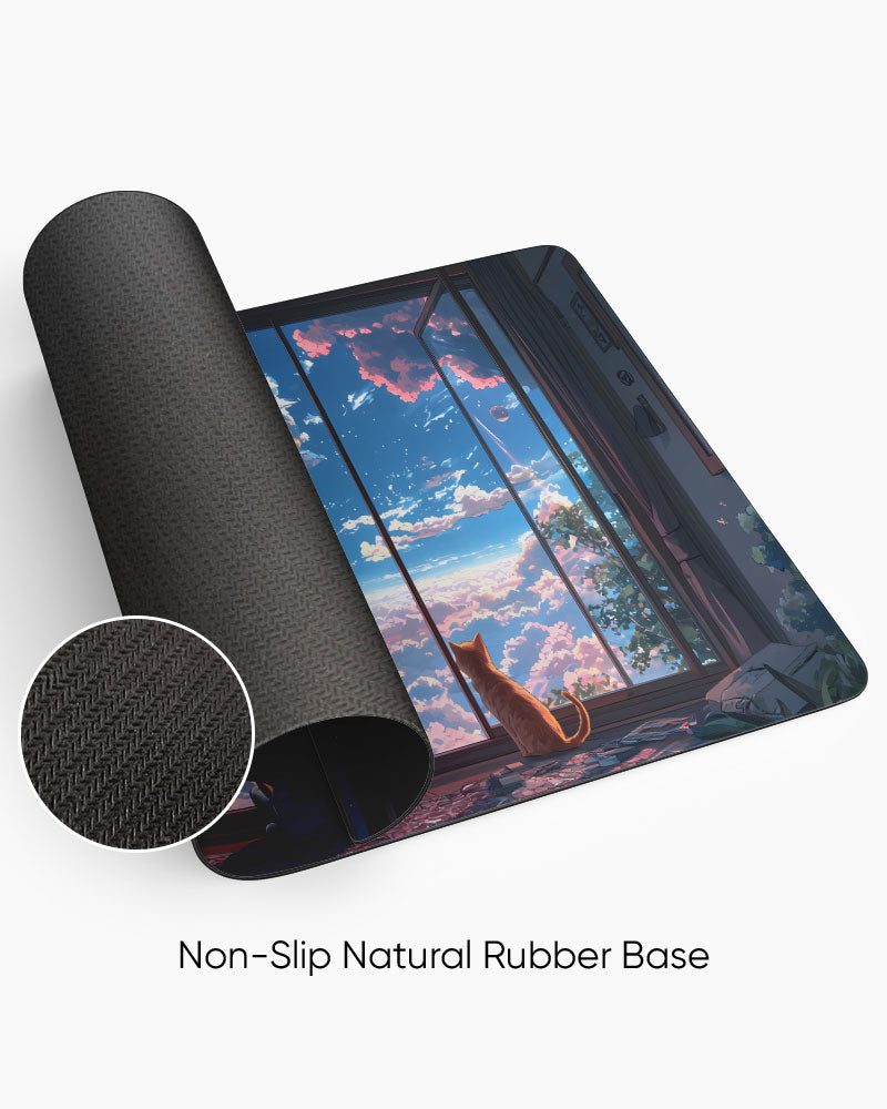 Young Boy Gazes Out At A Dreamy Cloud Filled Sky Desk Mat