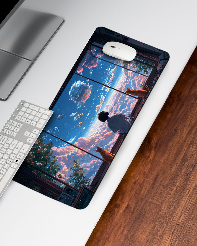 Young Boy Gazes Out At A Dreamy Cloud Filled Sky Desk Mat