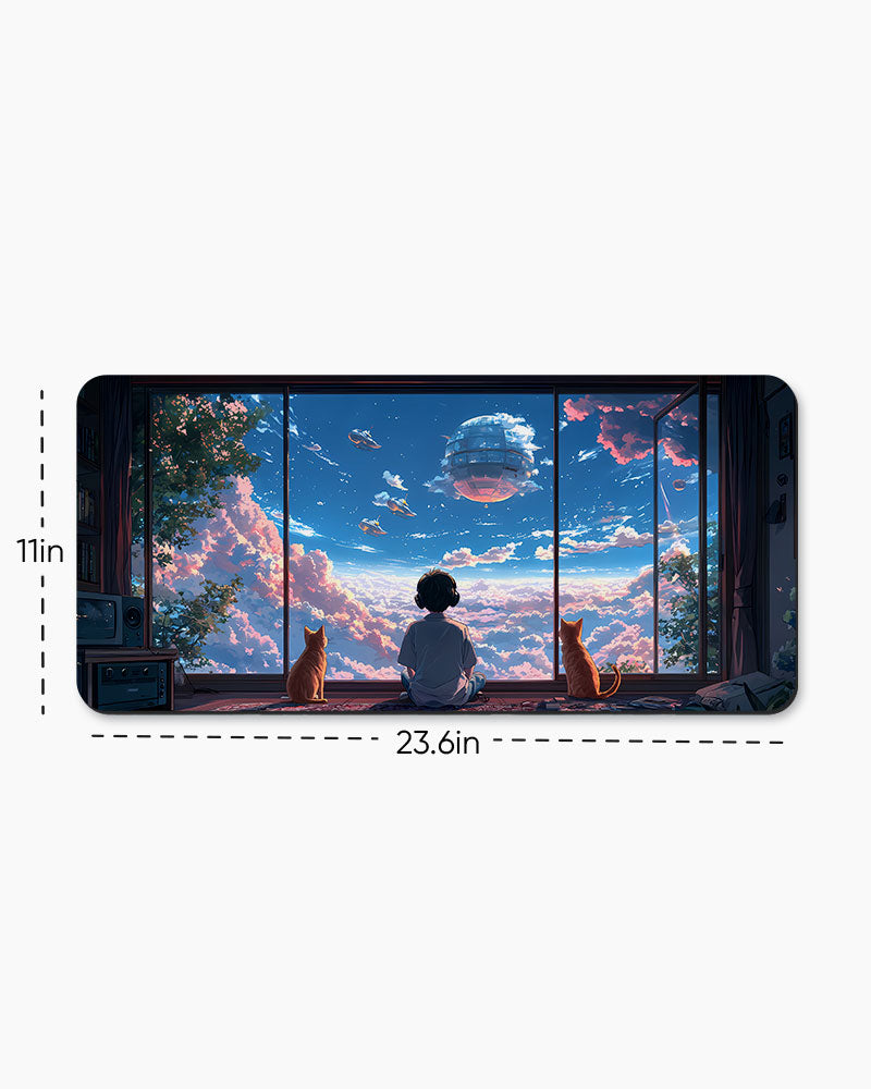Young Boy Gazes Out At A Dreamy Cloud Filled Sky Desk Mat
