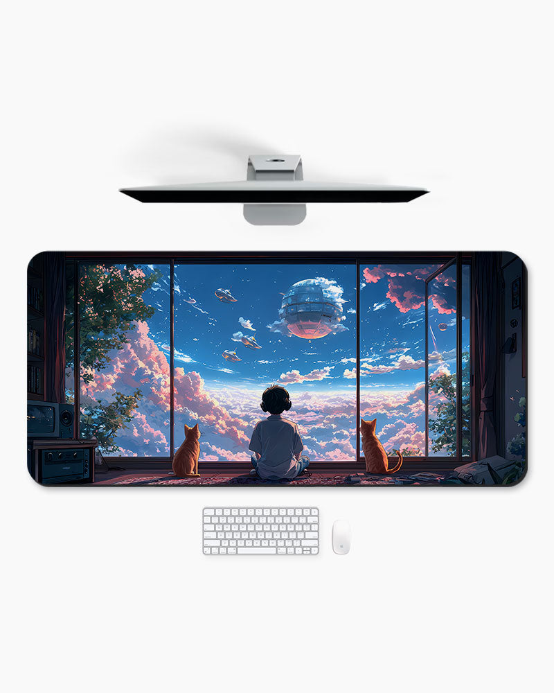 Young Boy Gazes Out At A Dreamy Cloud Filled Sky Desk Mat