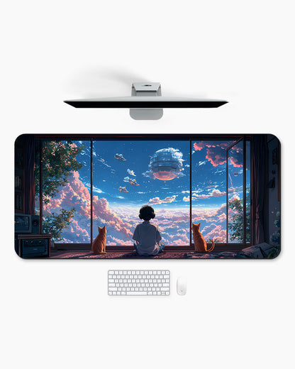 Young Boy Gazes Out At A Dreamy Cloud Filled Sky Desk Mat