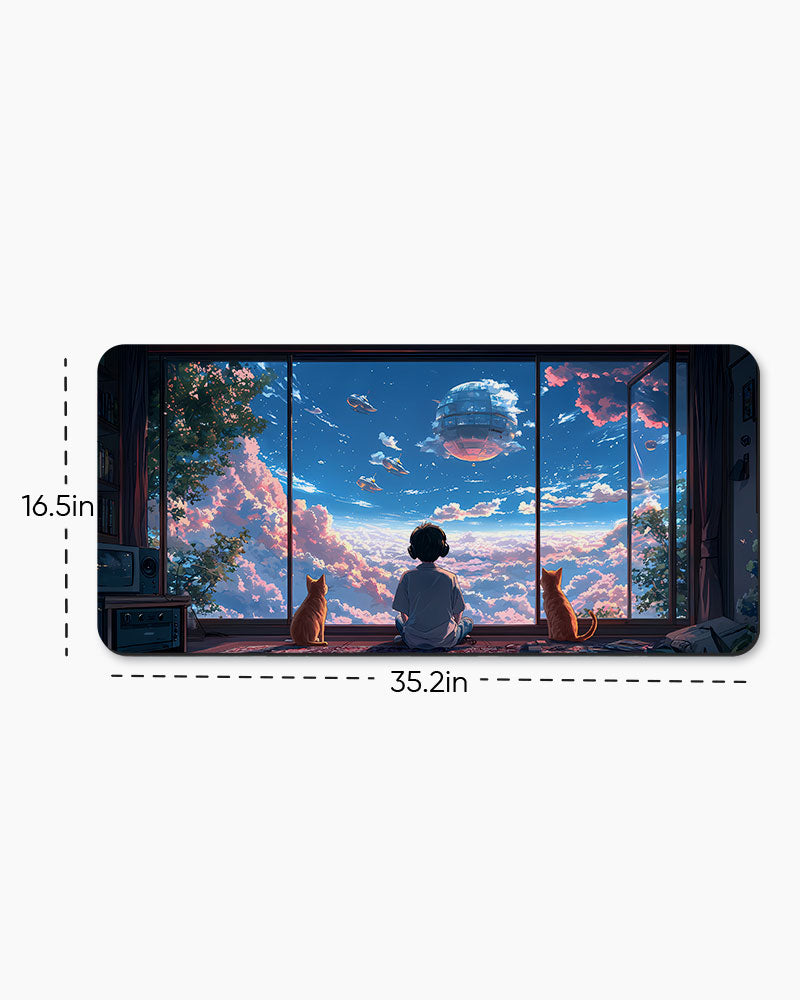 Young Boy Gazes Out At A Dreamy Cloud Filled Sky Desk Mat
