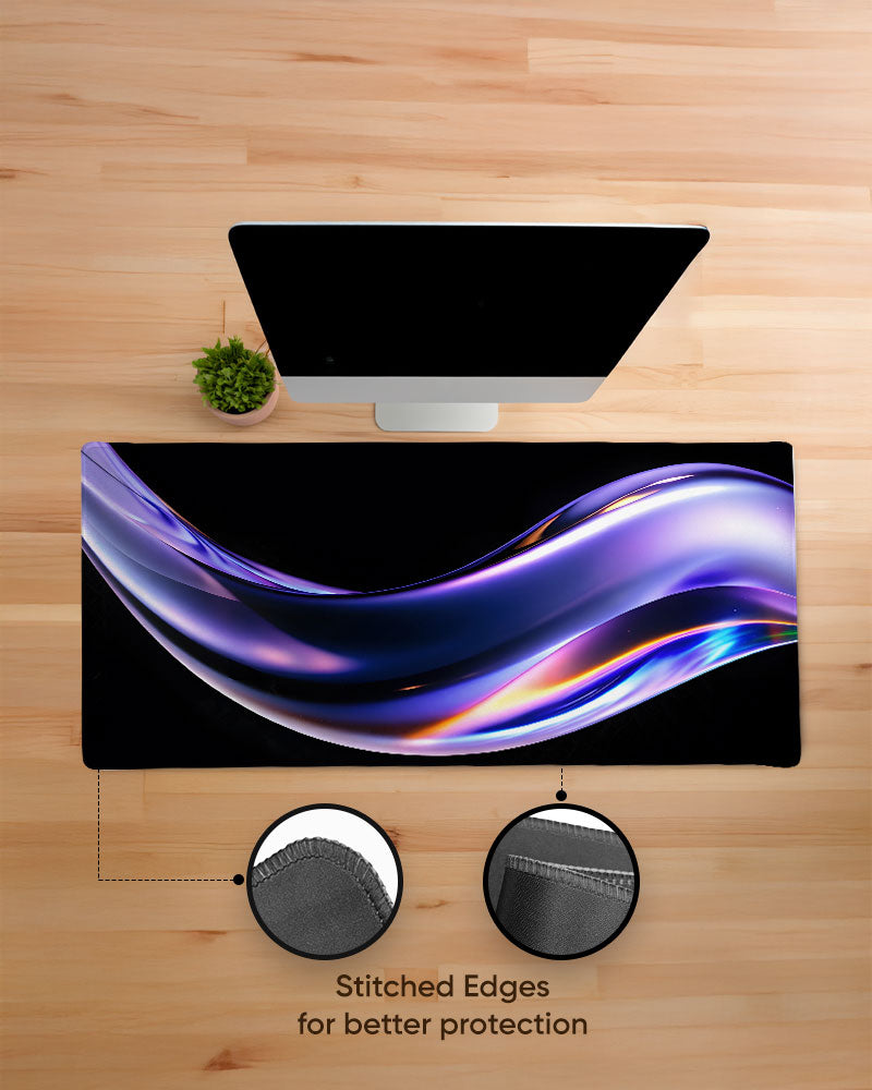 Abstract Fluid Holographic Iridescent Purple Curved Wave Desk Mat