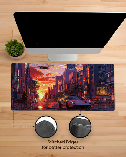 Anime car in the city Desk Mat