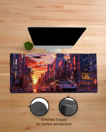 Anime car in the city Desk Mat