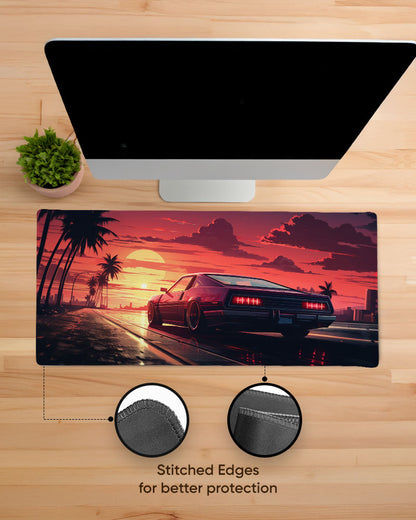 Arafed Car Driving Road With Palm Trees Desk Mat