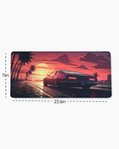 Arafed Car Driving Road With Palm Trees Desk Mat