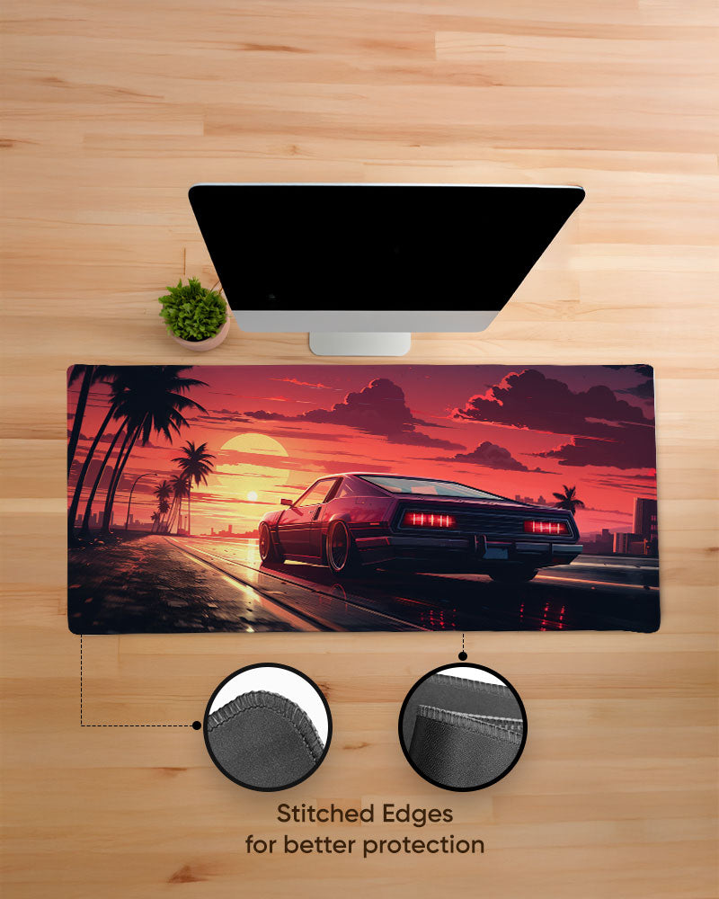 Arafed Car Driving Road With Palm Trees Desk Mat