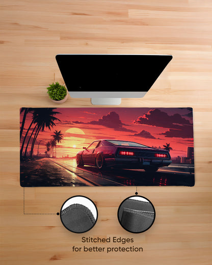 Arafed Car Driving Road With Palm Trees Desk Mat