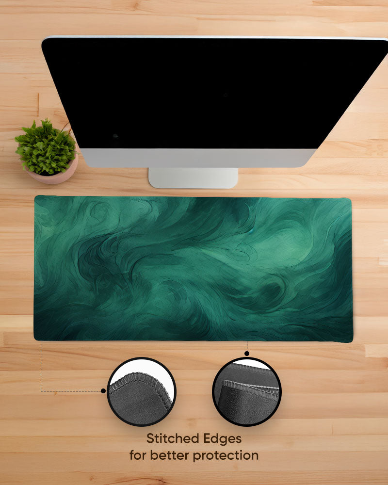Dark Green Watercolor Texture with Black Swirls Desk Mat