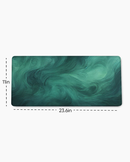 Dark Green Watercolor Texture with Black Swirls Desk Mat