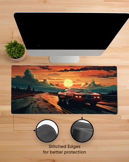 Race Car Racing Down Track Into Sunset Desk Mat