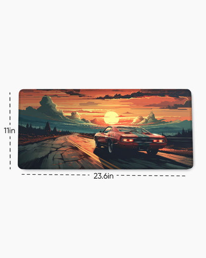 Race Car Racing Down Track Into Sunset Desk Mat