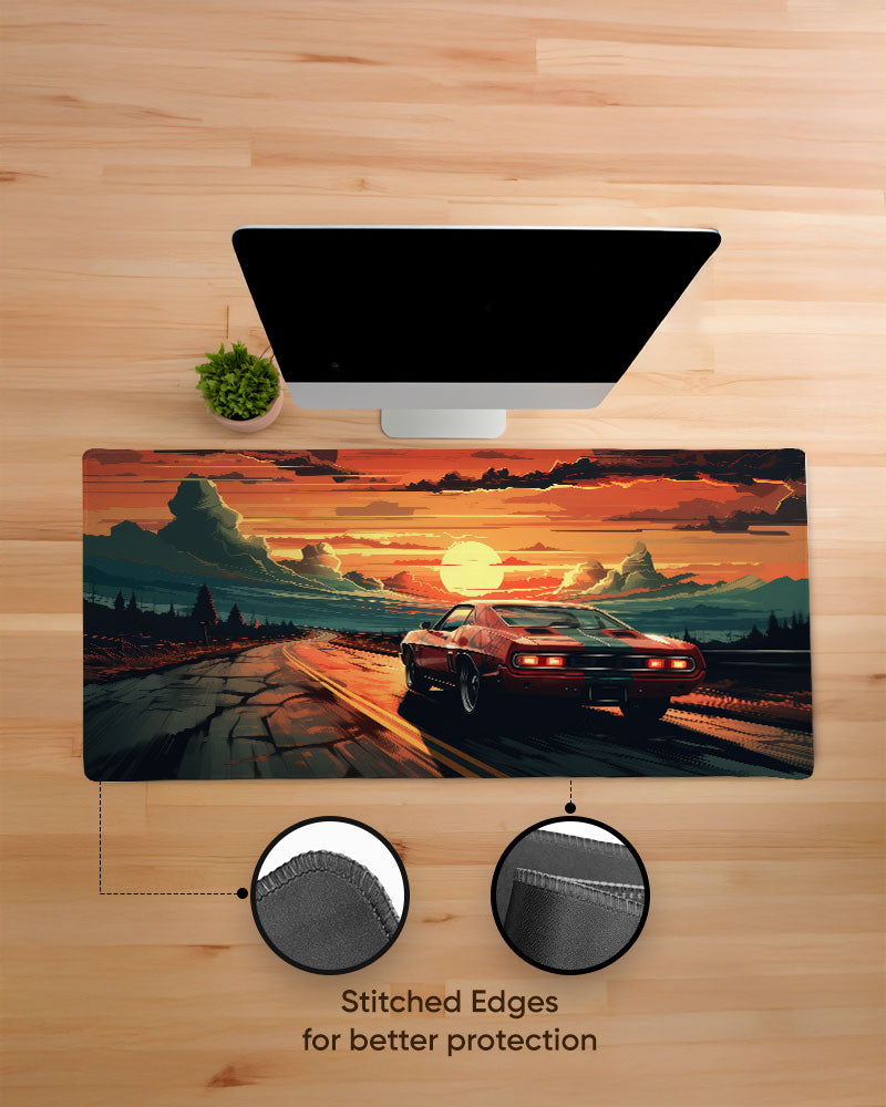 Race Car Racing Down Track Into Sunset Desk Mat