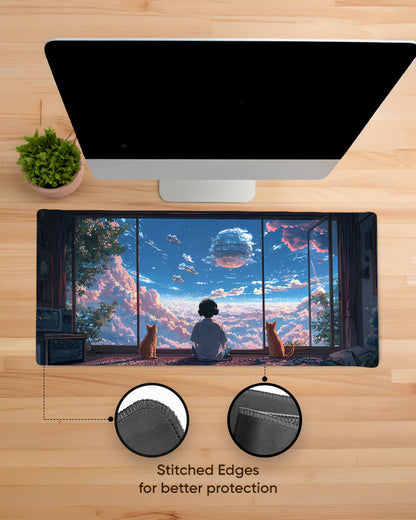 Young Boy Gazes Out At A Dreamy Cloud Filled Sky Desk Mat