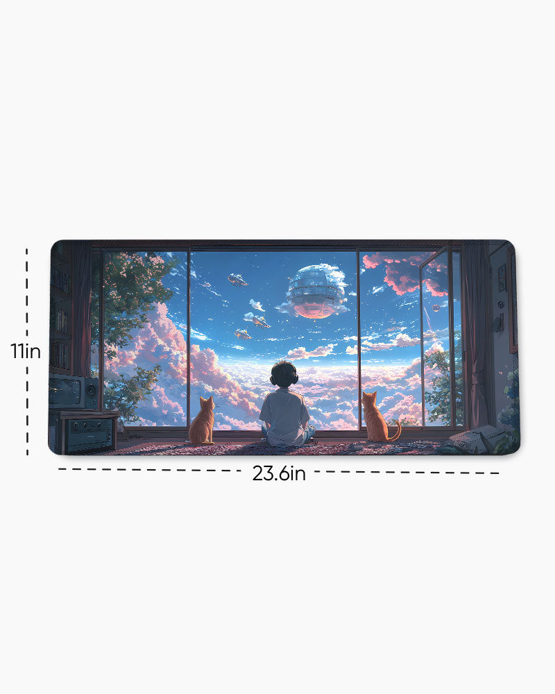 Young Boy Gazes Out At A Dreamy Cloud Filled Sky Desk Mat