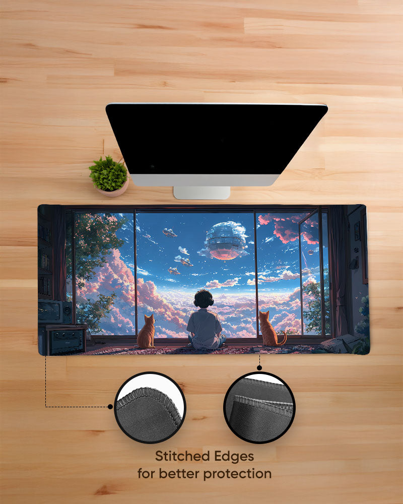 Young Boy Gazes Out At A Dreamy Cloud Filled Sky Desk Mat