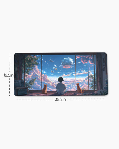 Young Boy Gazes Out At A Dreamy Cloud Filled Sky Desk Mat