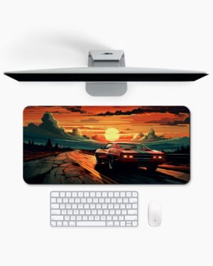 Racing Car Down Track Into Sunset Desk Mat